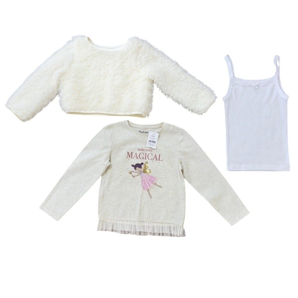 Girls 3pc Top Bundle Nutmeg Fairy Tee Pippa & Julie Faux Fur Shrug Camisole 4-5